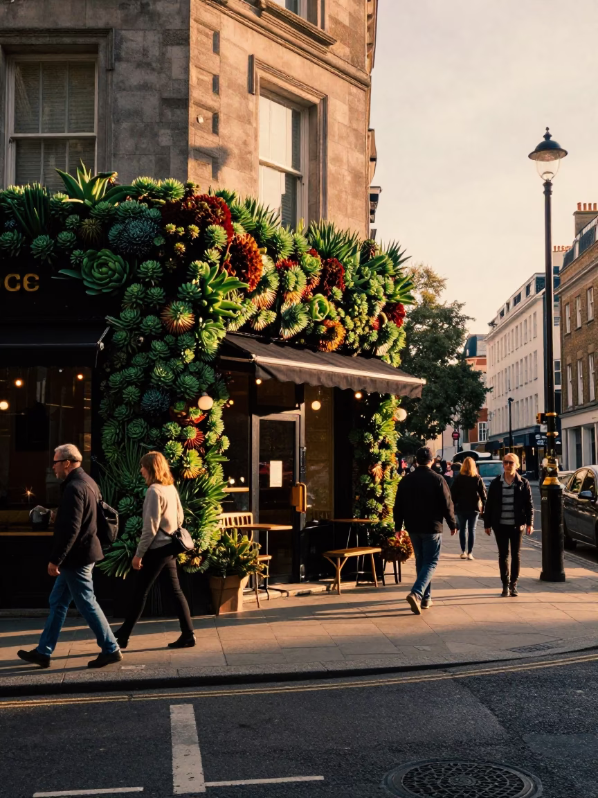 London sunset street scene with succulent living wall and urban architecture in in London, United Kingdom
