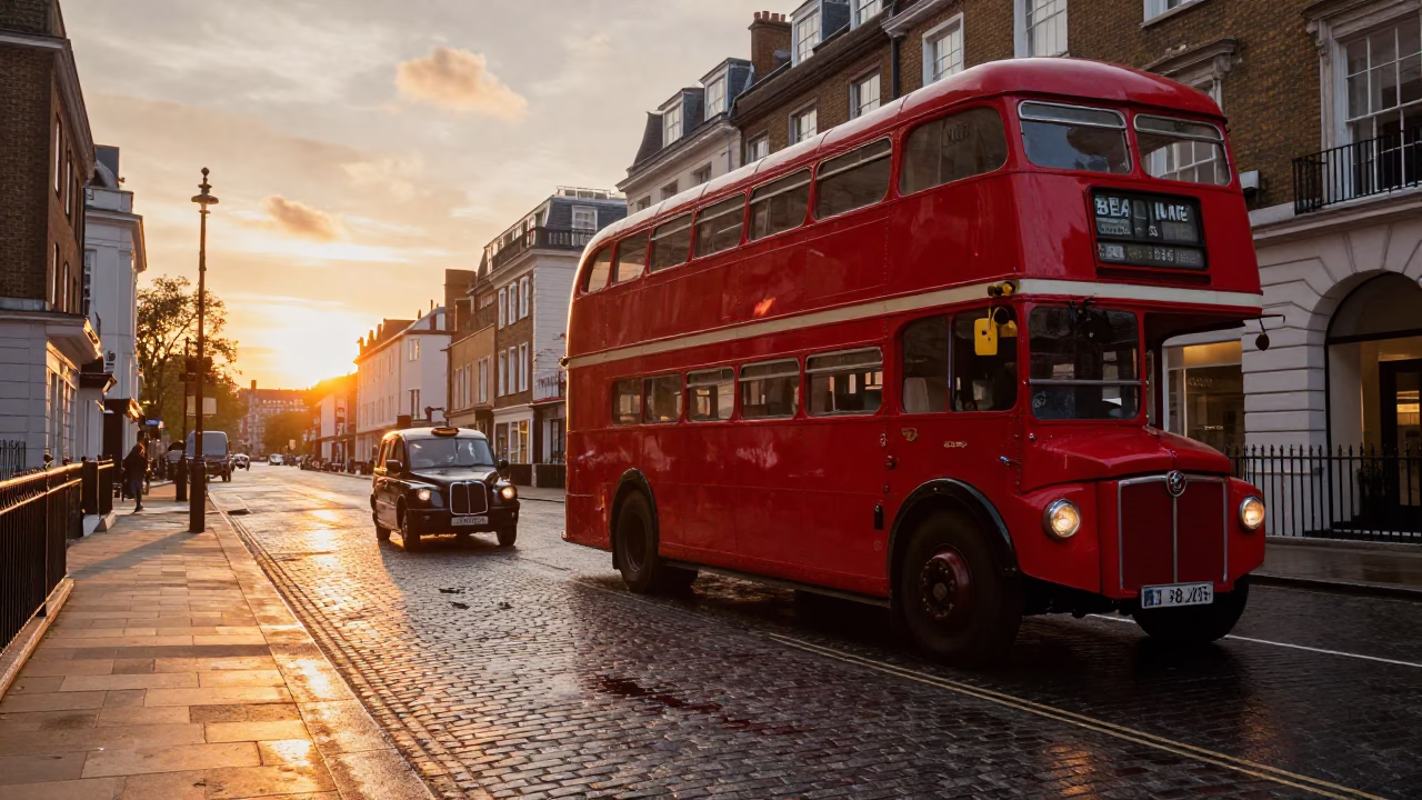 London Sunset Street Scene with Vintage Car and Red Double-Decker Bus in in London, United Kingdom