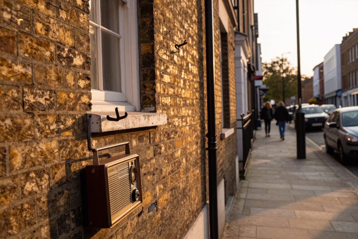 London Sunset Street Scene with Vintage Radio and Urban Life in in London, United Kingdom