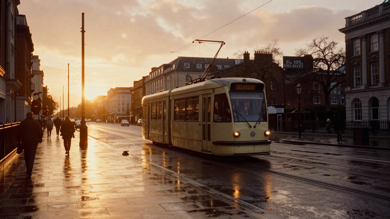 London Sunset Street Scene with Vintage Tram and Local Commuters in in London, United Kingdom