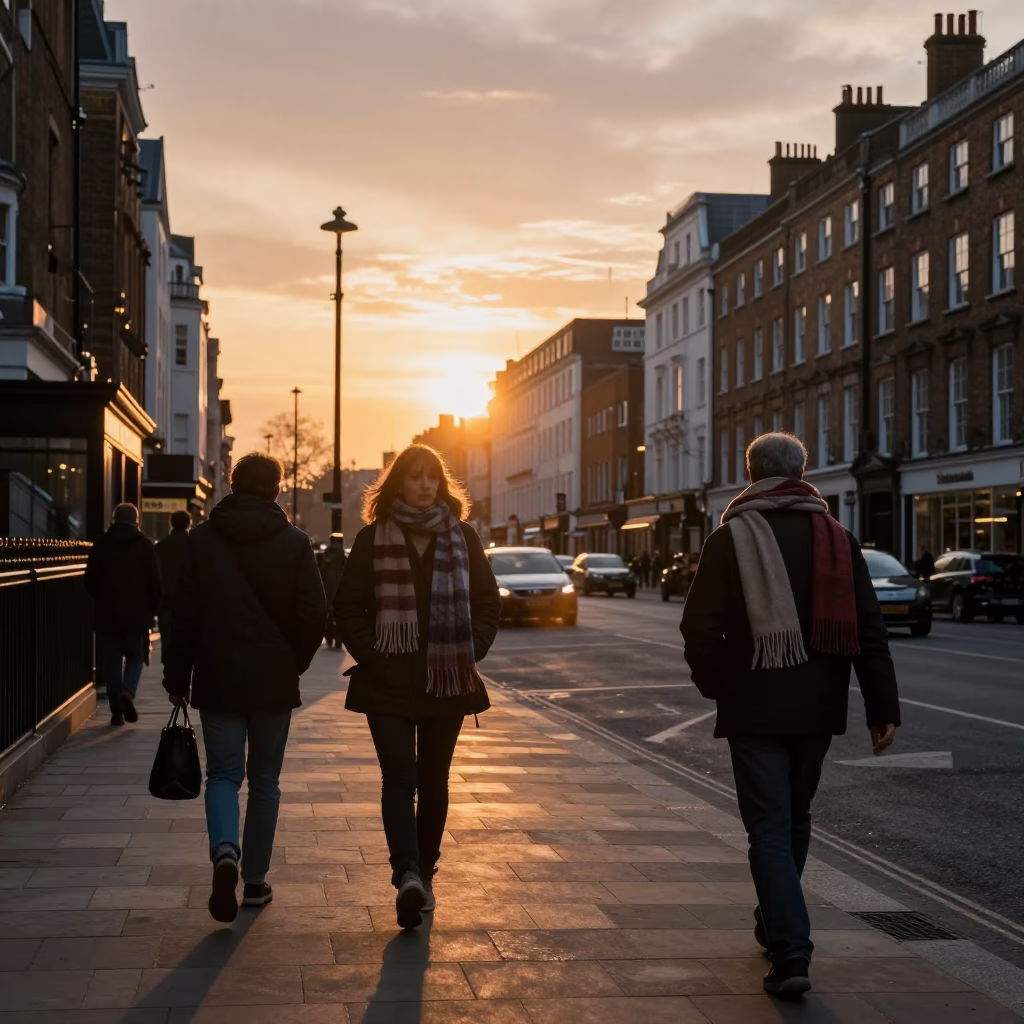 London Sunset Street Scene with Wool Scarves and Vintage Ambience in in London, United Kingdom