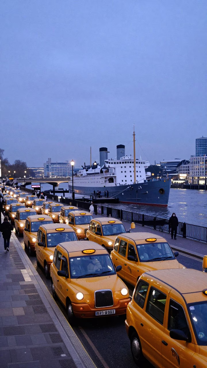 London Taxi Rank Outside Train Station at Twilight with Steamship in Harbor in in London, United Kingdom