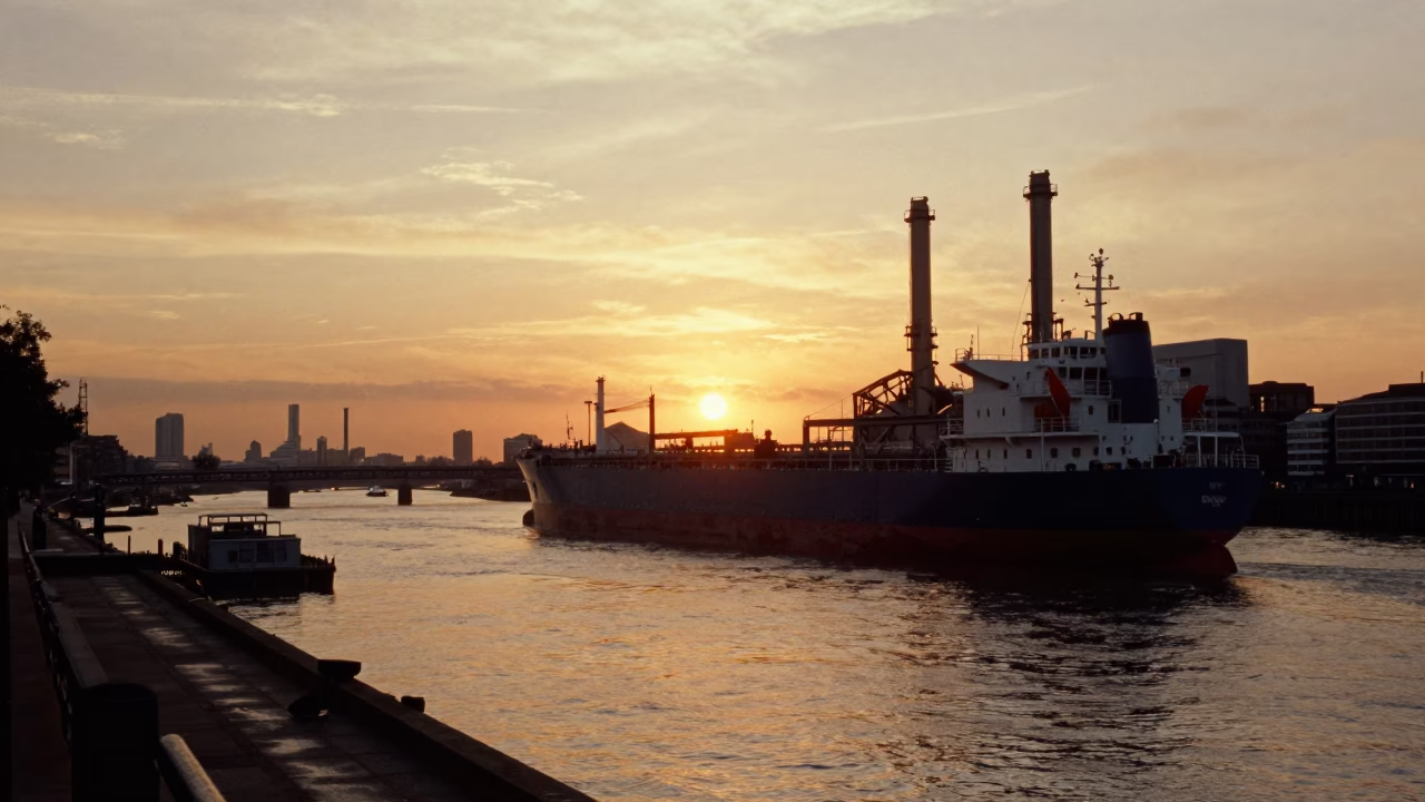London Thames Sunset with Tanker Ship Refinery Dock and Pomegranate Street Vendor in in London, United Kingdom