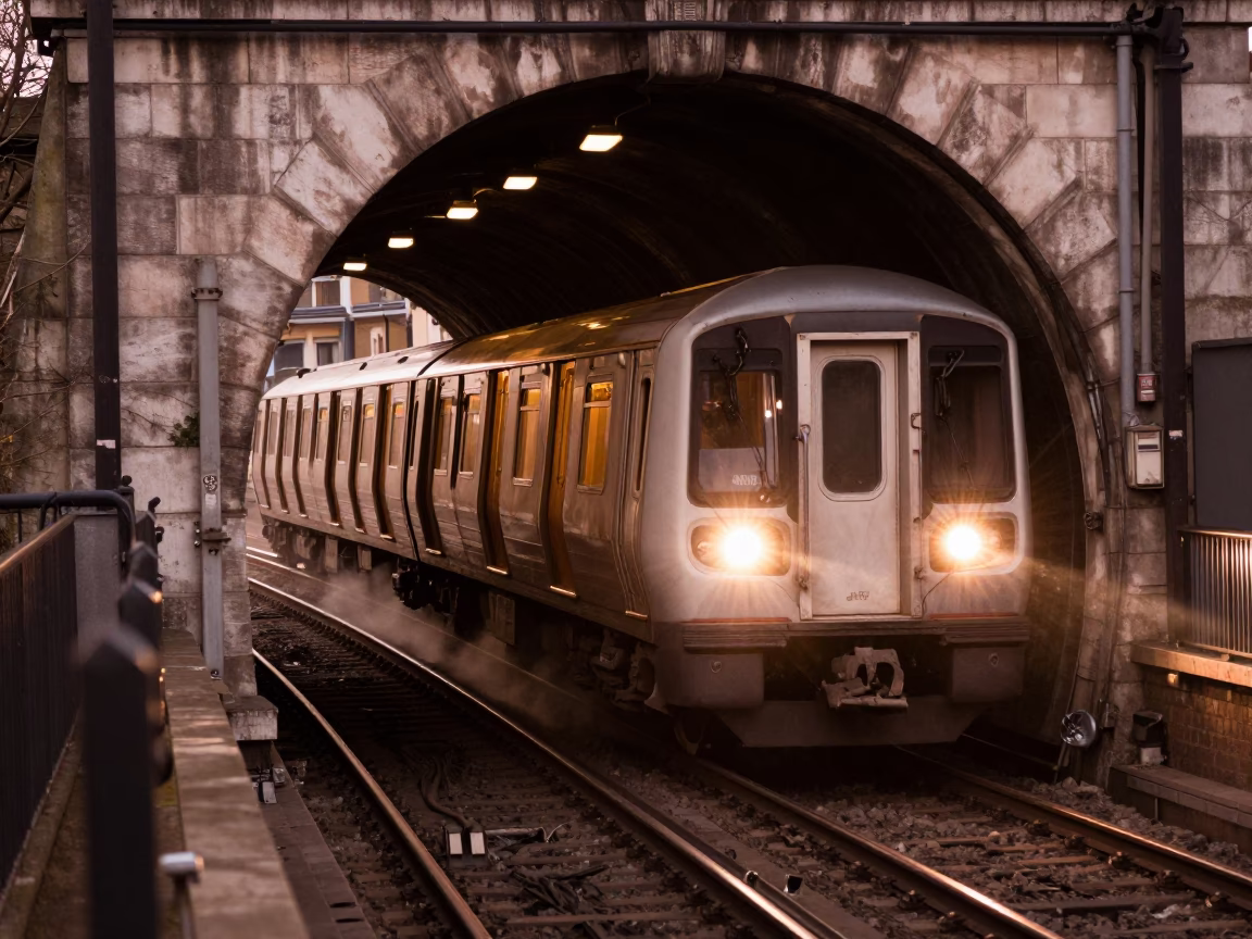London Tube Train Emerging From Tunnel Into Copper Toned Dusk Light in in London, United Kingdom