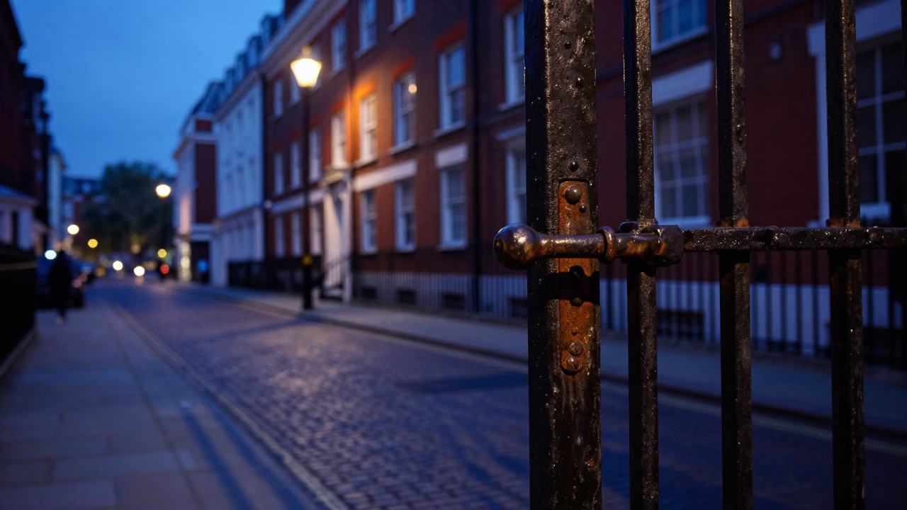 London Twilight Street Scene with Iron Gate Handle and Urban Detail in in London, United Kingdom