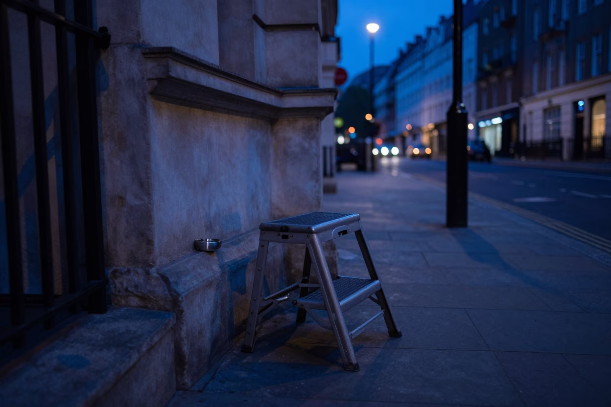 London Twilight Street Scene with Step Stool and Ashtray on Cobblestone Pavement in in London, United Kingdom