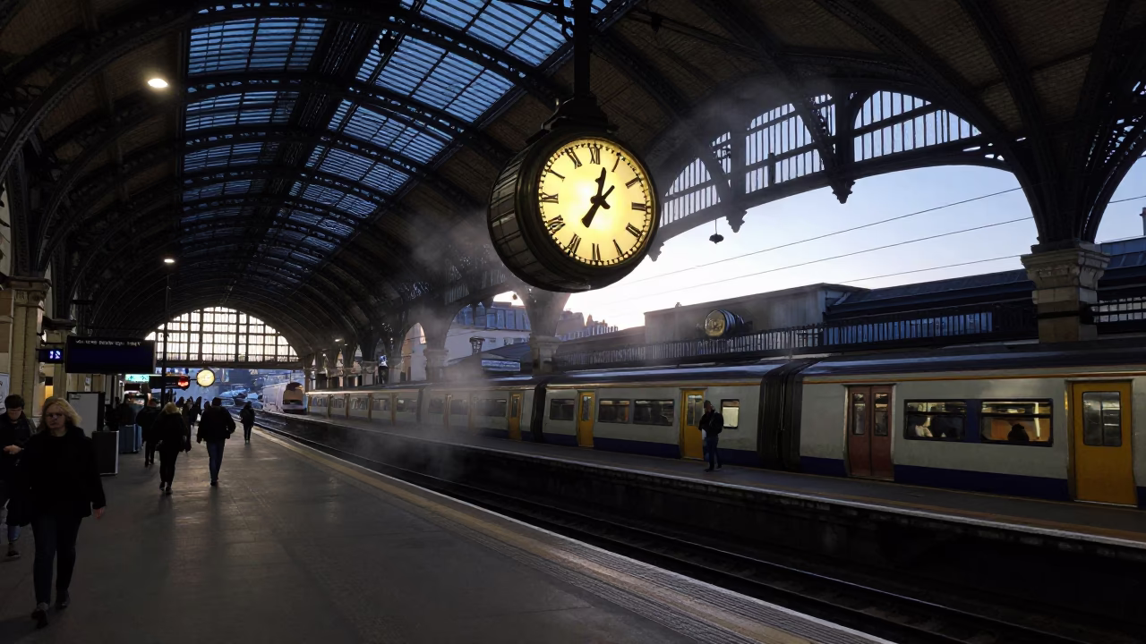 London Underground Platform Before Dawn Steam and Vintage Clock in in London, United Kingdom