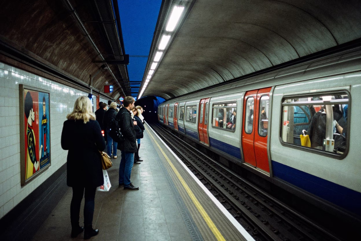 London Underground Platform Evening Commute with Art Adornments and Blue Light in in London, United Kingdom