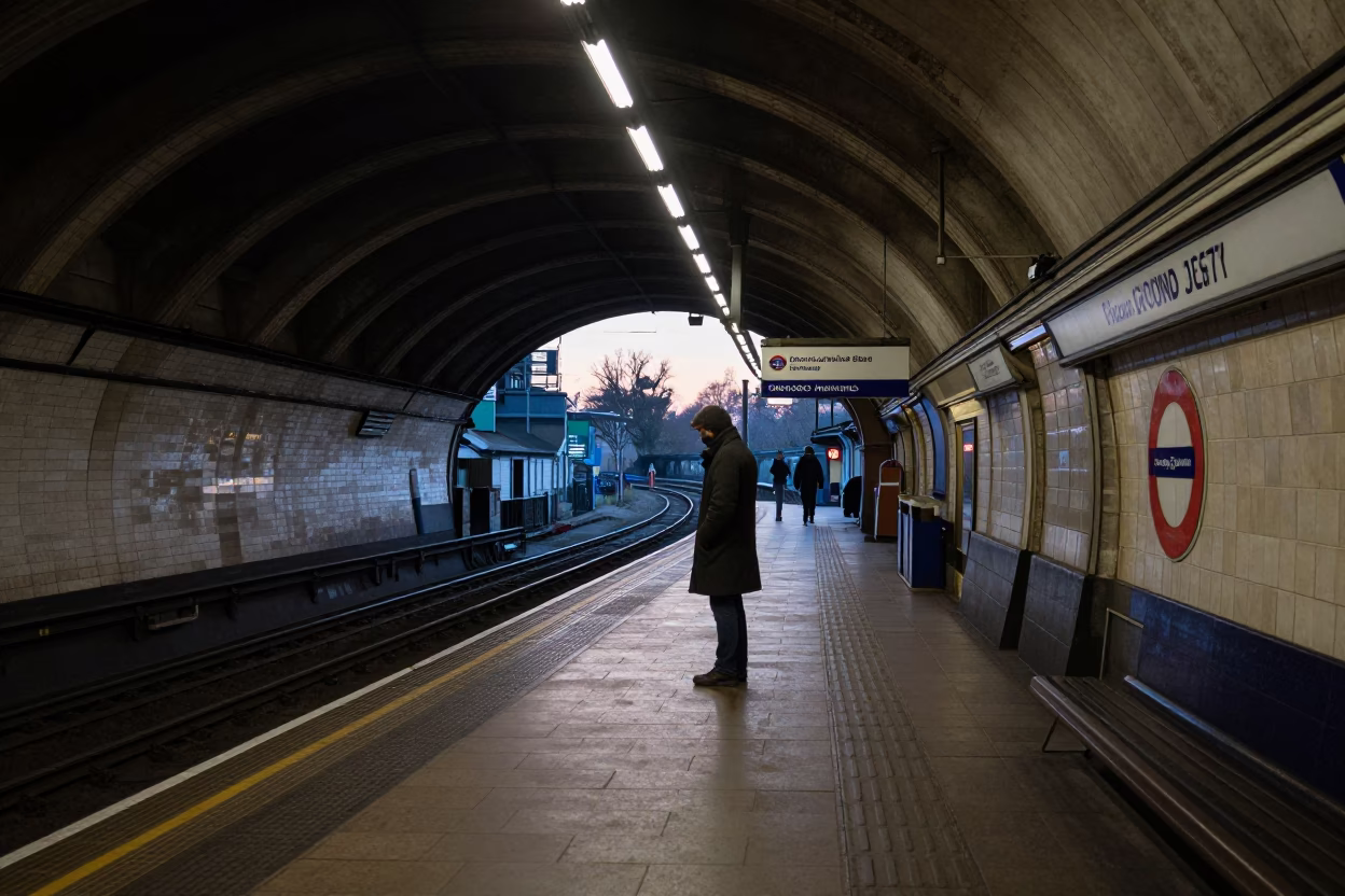 London Underground Station Platform Before Dawn With Overhead Signage And Empty Benches in in London, United Kingdom
