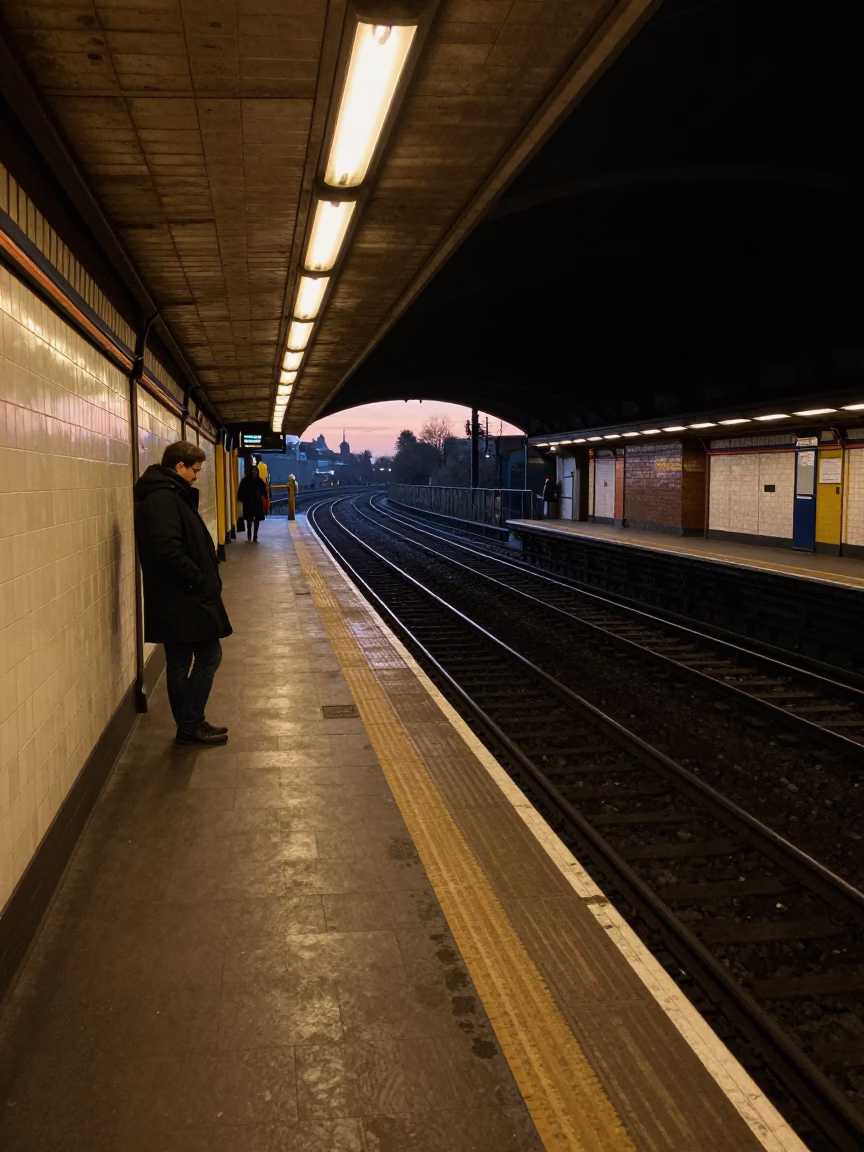 London Underground Station Platform Before Dawn With Scuffed Steel Rail And Commuter Baggage in in London, United Kingdom