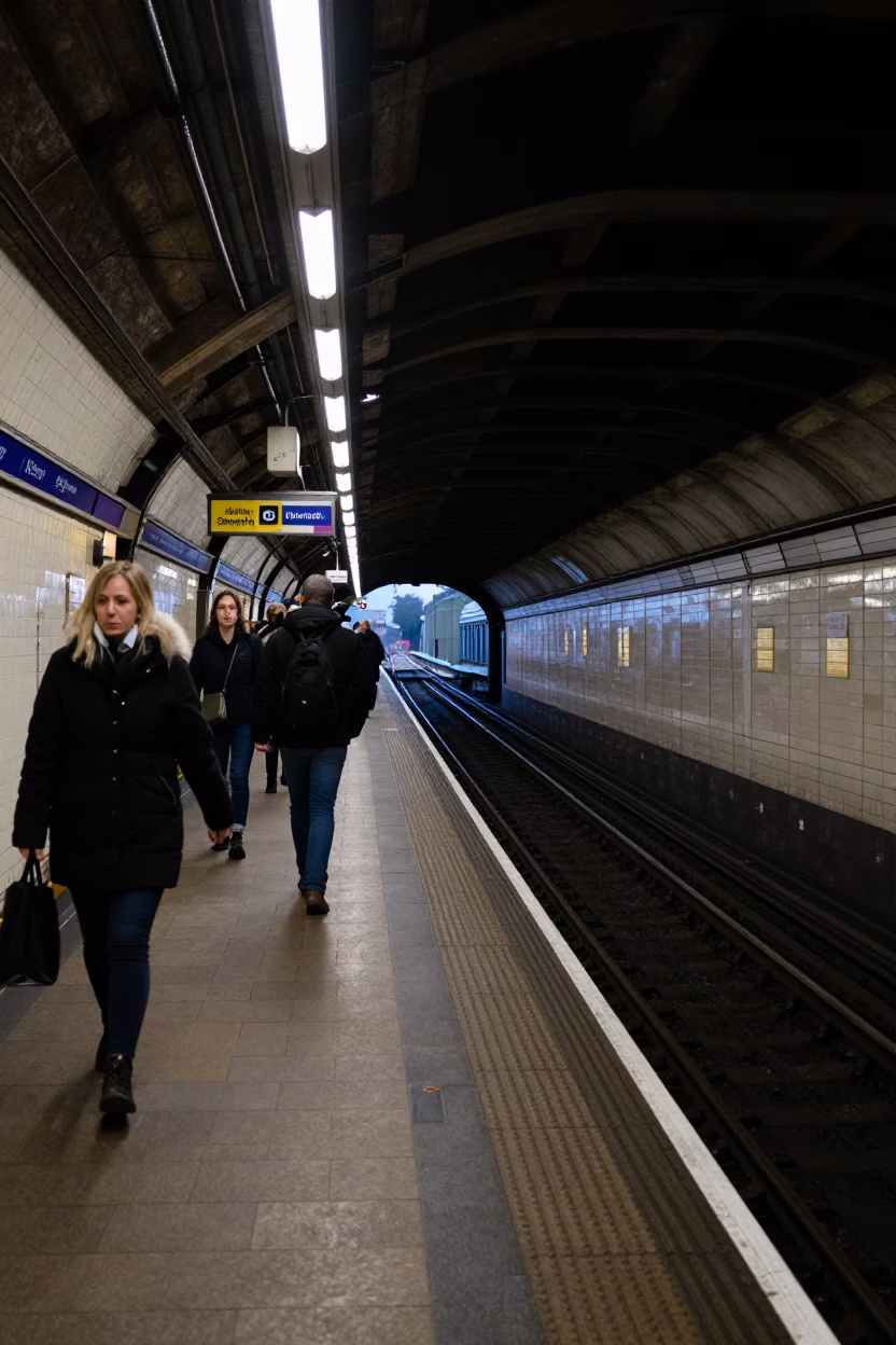 London Underground Station Platform Pre-Dawn with Commuters and Ticket Barriers in in London, United Kingdom