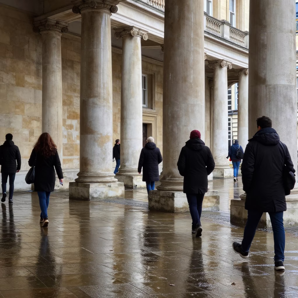 London University Arcade Wet Leaves Skittering Columns Clear Late Afternoon in in London, United Kingdom