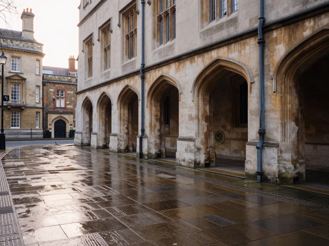 London University Cloister Wet Flagstones Morning Light 1970s Academic Life in in London, United Kingdom