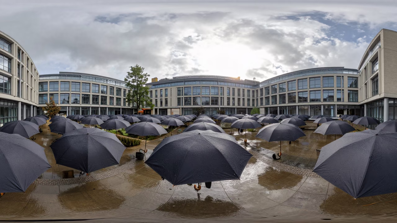 London University Courtyard Umbrellas Early Afternoon Rain in in London, United Kingdom