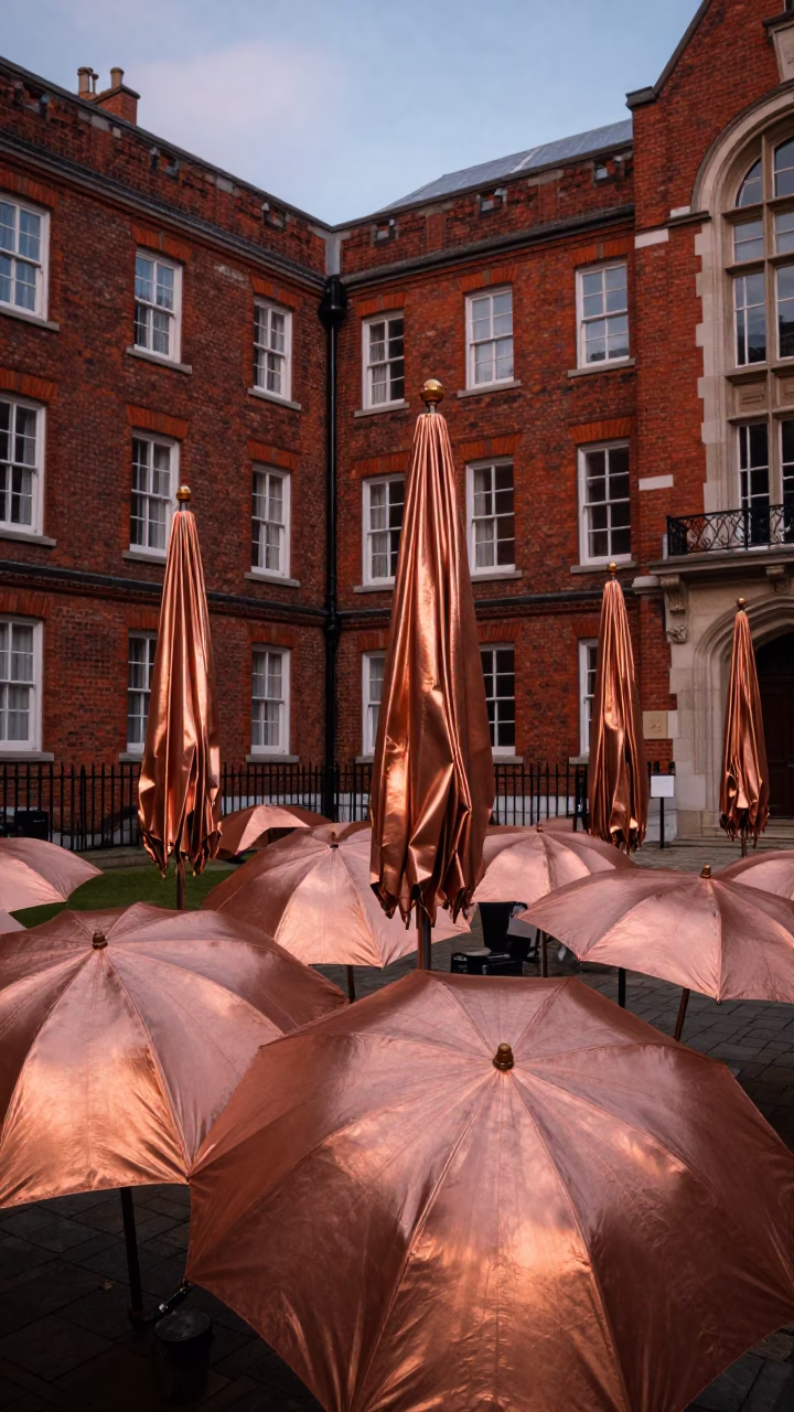 London University Courtyard Umbrellas in Copper Toned Dusk Light in in London, United Kingdom