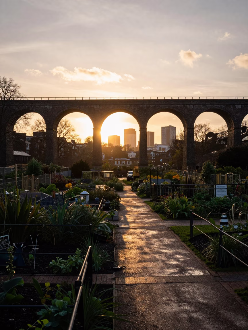 London Viaduct Shadow Cutting Across Rain-Soaked Allotment Gardens at Sunset in in London, United Kingdom