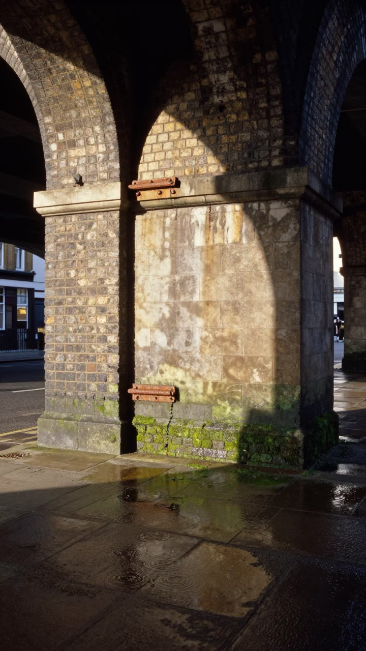 London Viaduct Undercroft Dripping Ferny Stone Early Afternoon Street Scene in in London, United Kingdom