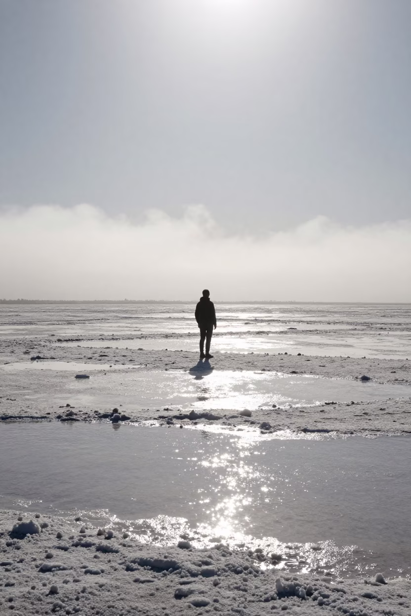 Lone Figure on Misty BC Salt Flats Noon in in British Columbia
