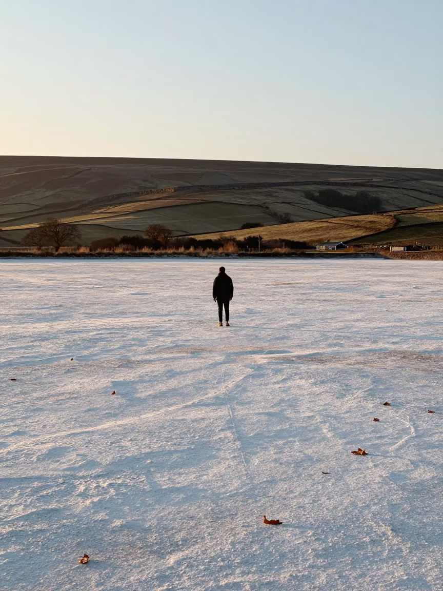 Lone Figure on Yorkshire Salt Flats at Dawn in from a ridge above layered foothills in Yorkshire
