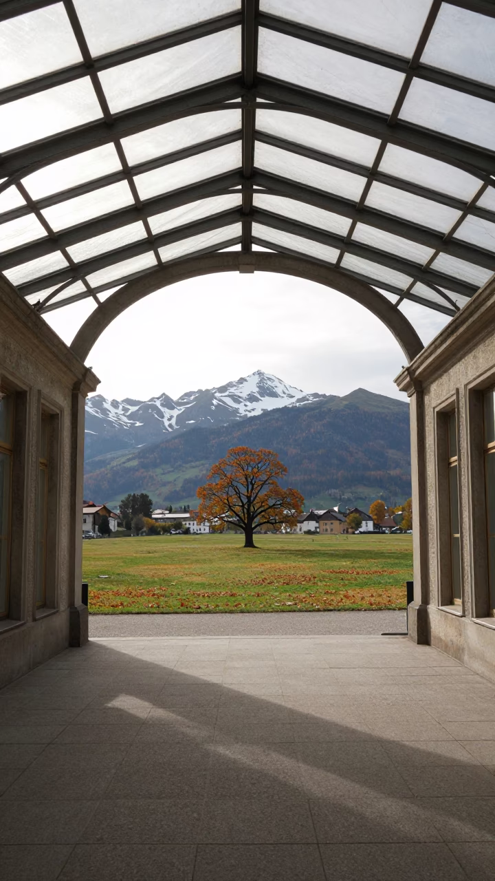 Lone Tree on Horizon Line in Glass Arcade in inside a glass-roofed arcade near Innsbruck