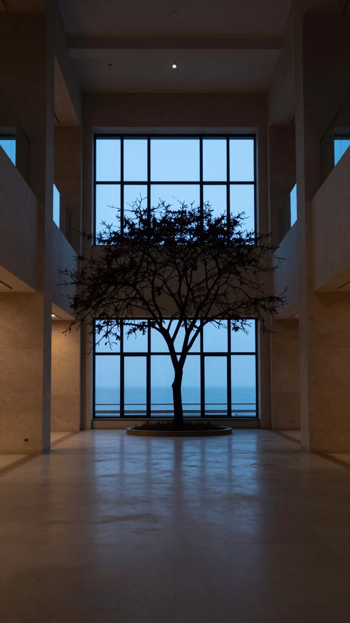 Lone Tree Silhouette in Dalian Atrium in inside a vaulted atrium in Dalian