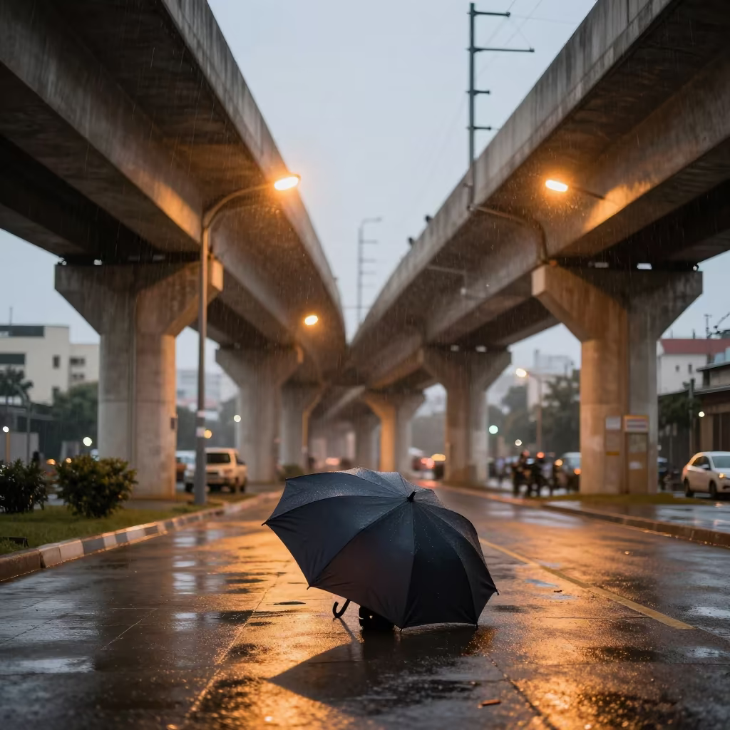 Lone Umbrella Under Amber Streetlights in under an elevated train line in Menouf