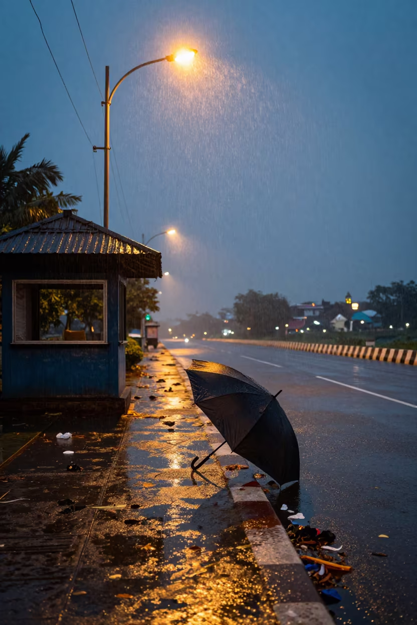 Lone Umbrella on Wet Monsoon Pavement in by a rain-darkened kiosk in Solapur