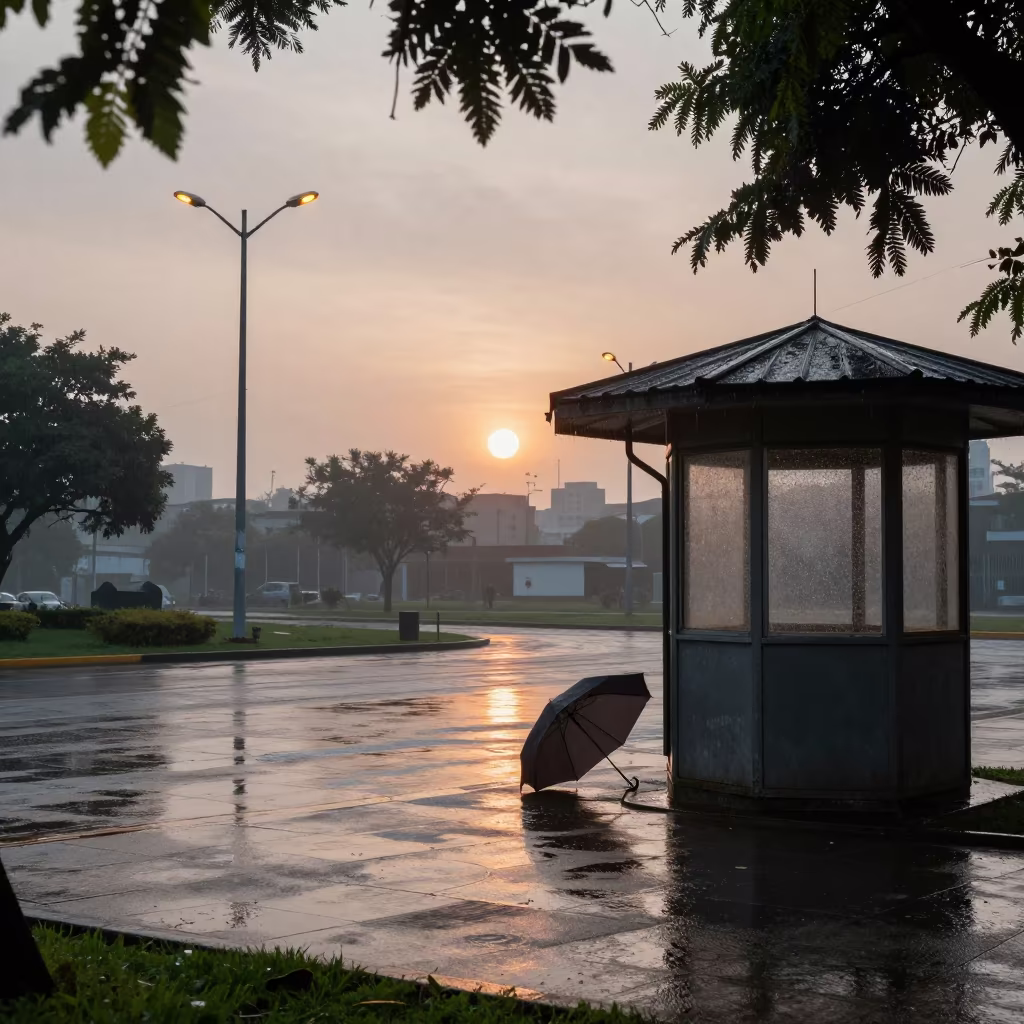 Lone Umbrella Wet Pavement Guayaquil Dawn in by a rain-darkened kiosk in Guayaquil