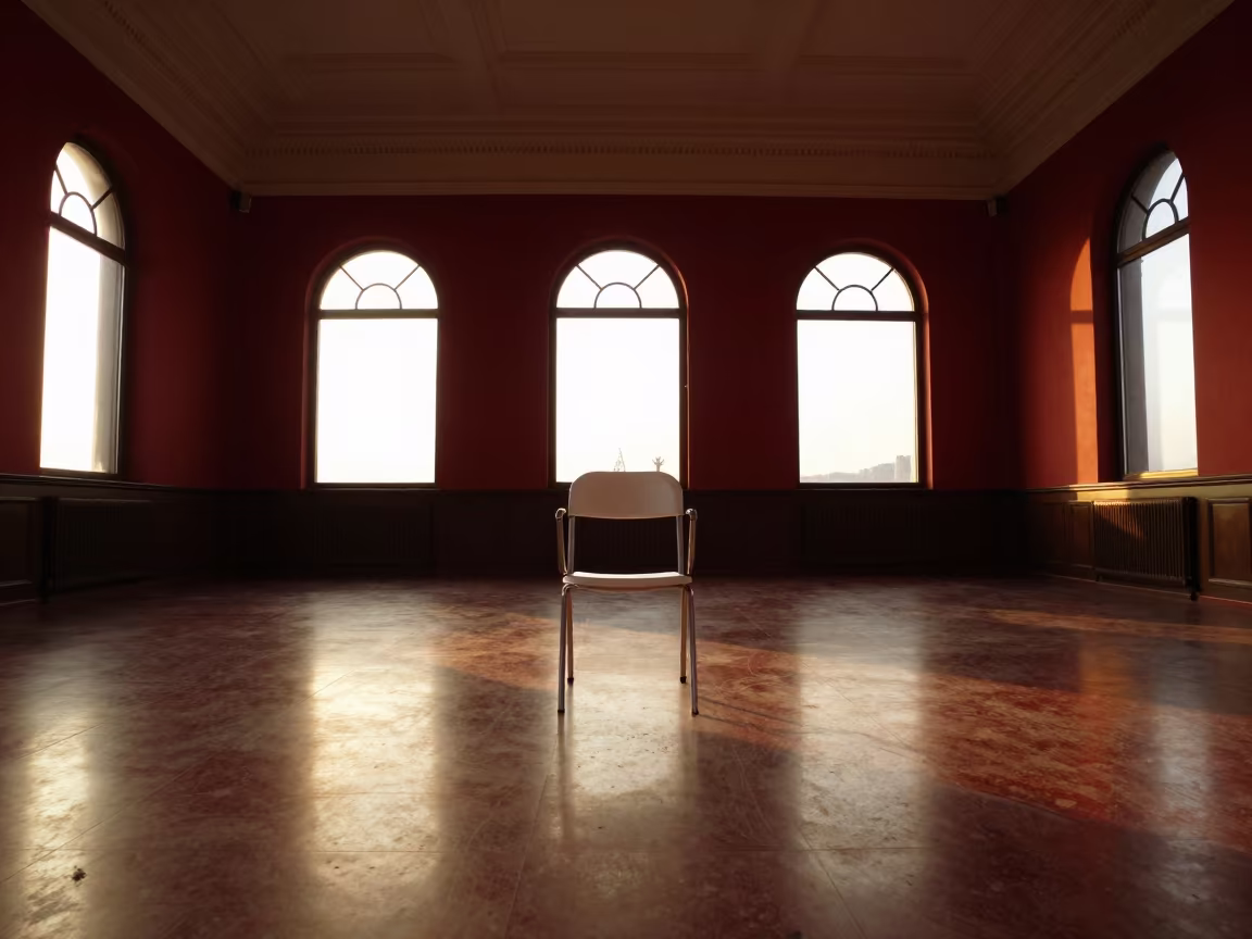 Lone White Chair Red Room Sunset in inside a restored train terminal in Maputo