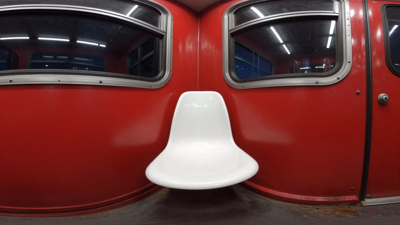 Lone White Chair in Red Train Terminal in inside a restored train terminal in Mexico City