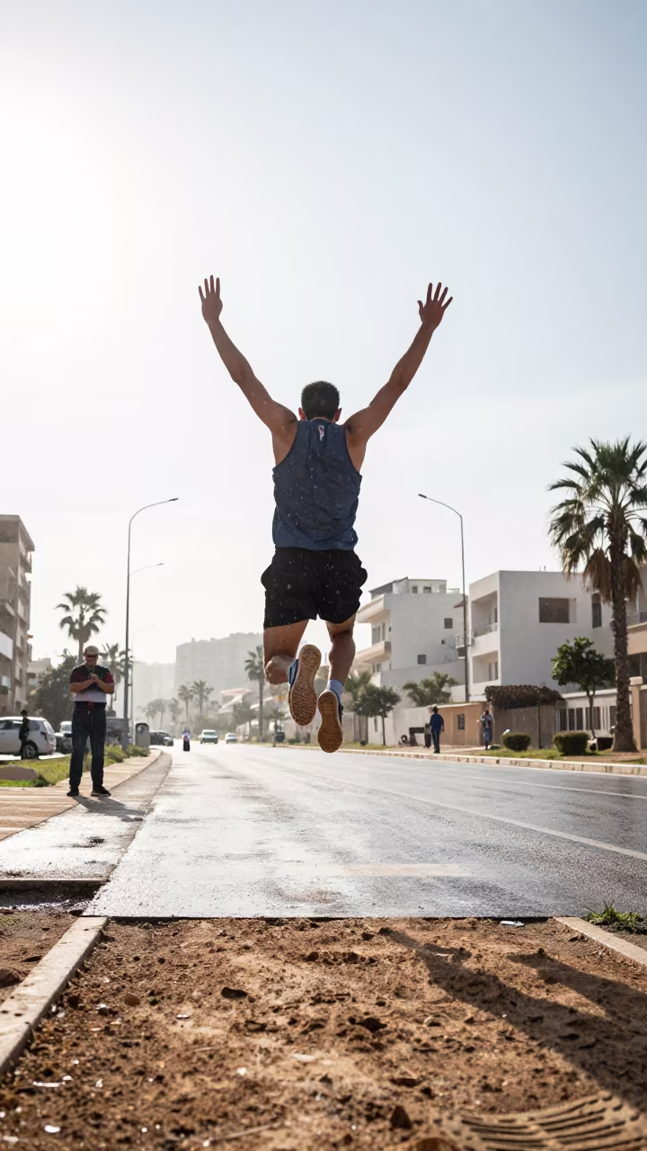 Long Jumper Mid Air Near Beirut Roadside in at a roadside stop near Beirut