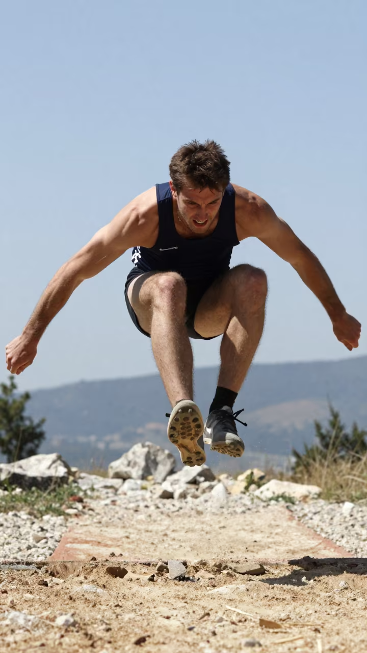 Long Jumper Mid Flight On Mountain Path Perugia in on a mountain path near Perugia