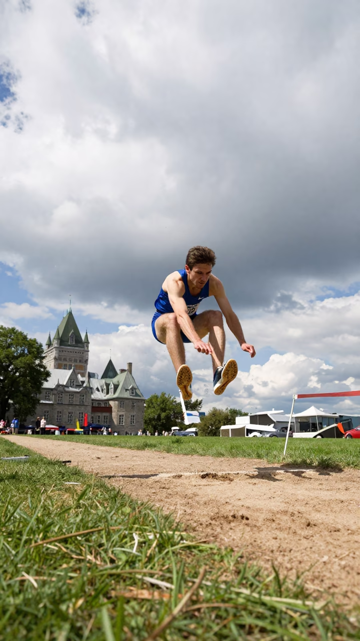 Long Jumper Mid Flight Over Hillside Quebec City in on a hillside near Petit Champlain, Quebec City