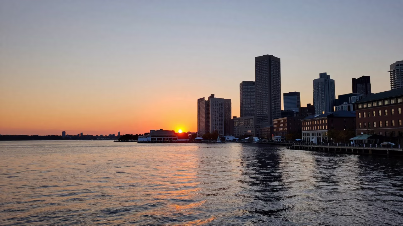Long Wharf in Boston at As The Sun Drops Toward The Horizon in in Boston, Massachusetts, United States