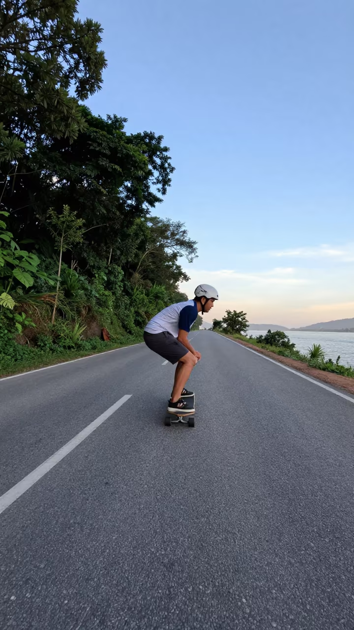 Longboarder carving coastal road near Luang Prabang at dawn in at a roadside stop near Luang Prabang