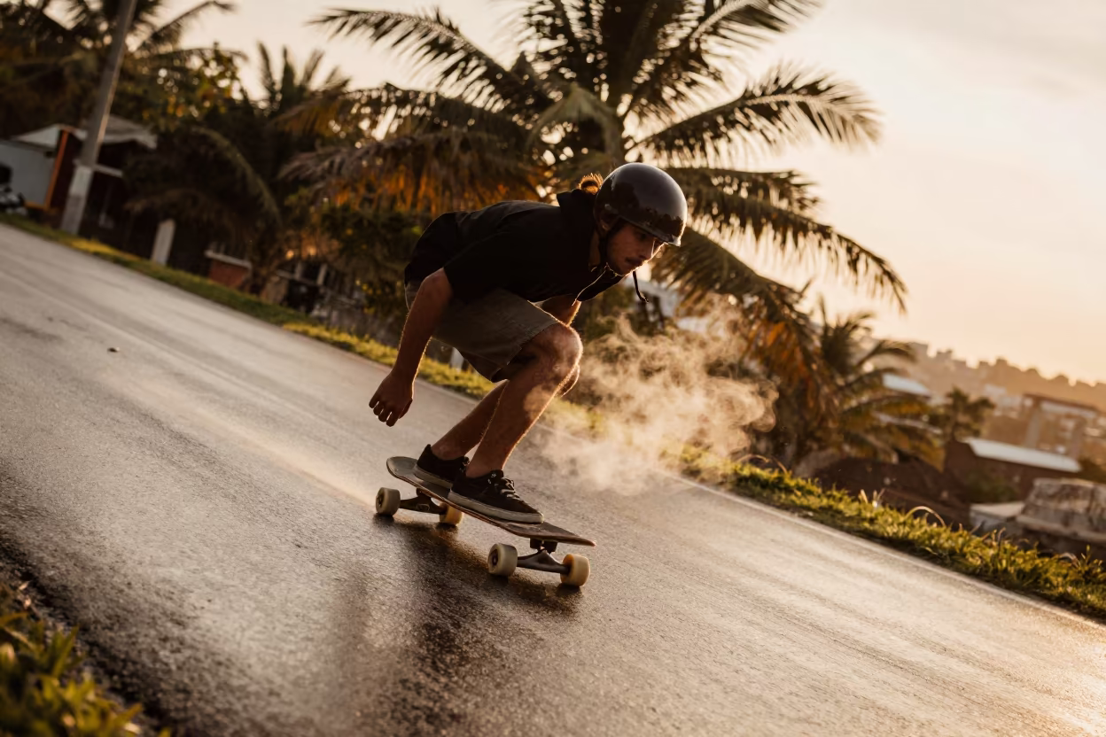 Longboarder Carving Coastal Road in Merida Evening in along a beach near Merida