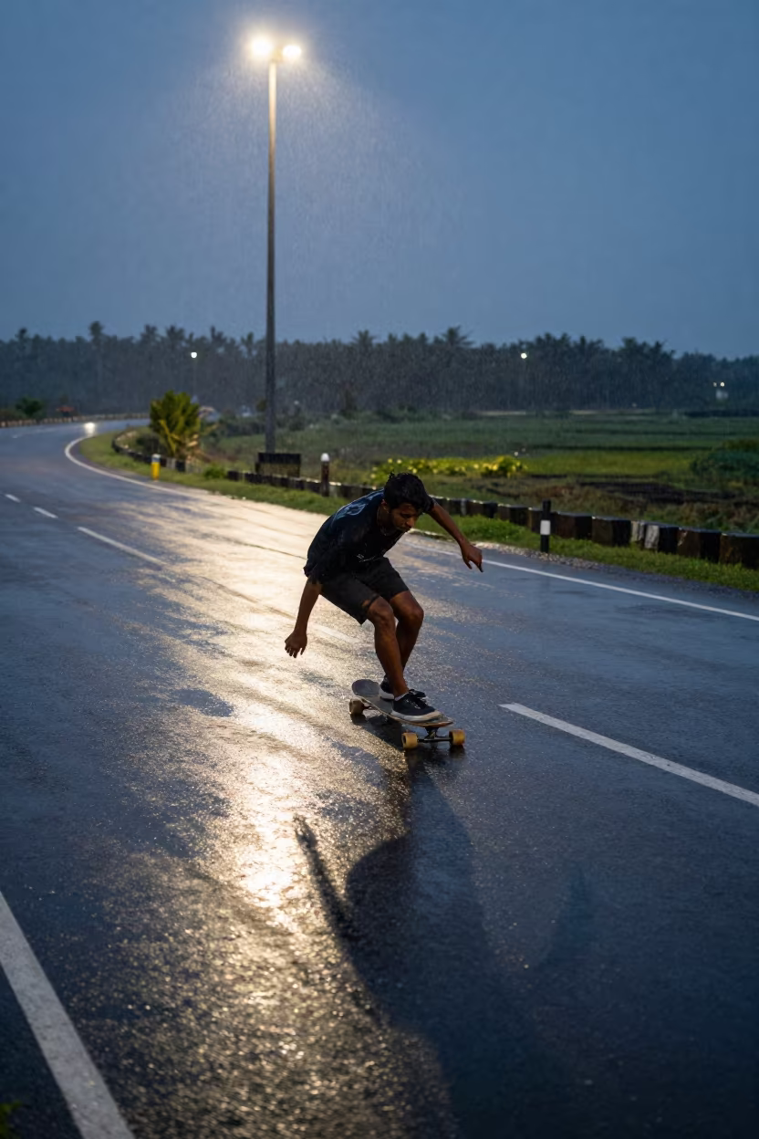 Longboarder Carving Coastal Road at Predawn in near open fields near Visakhapatnam