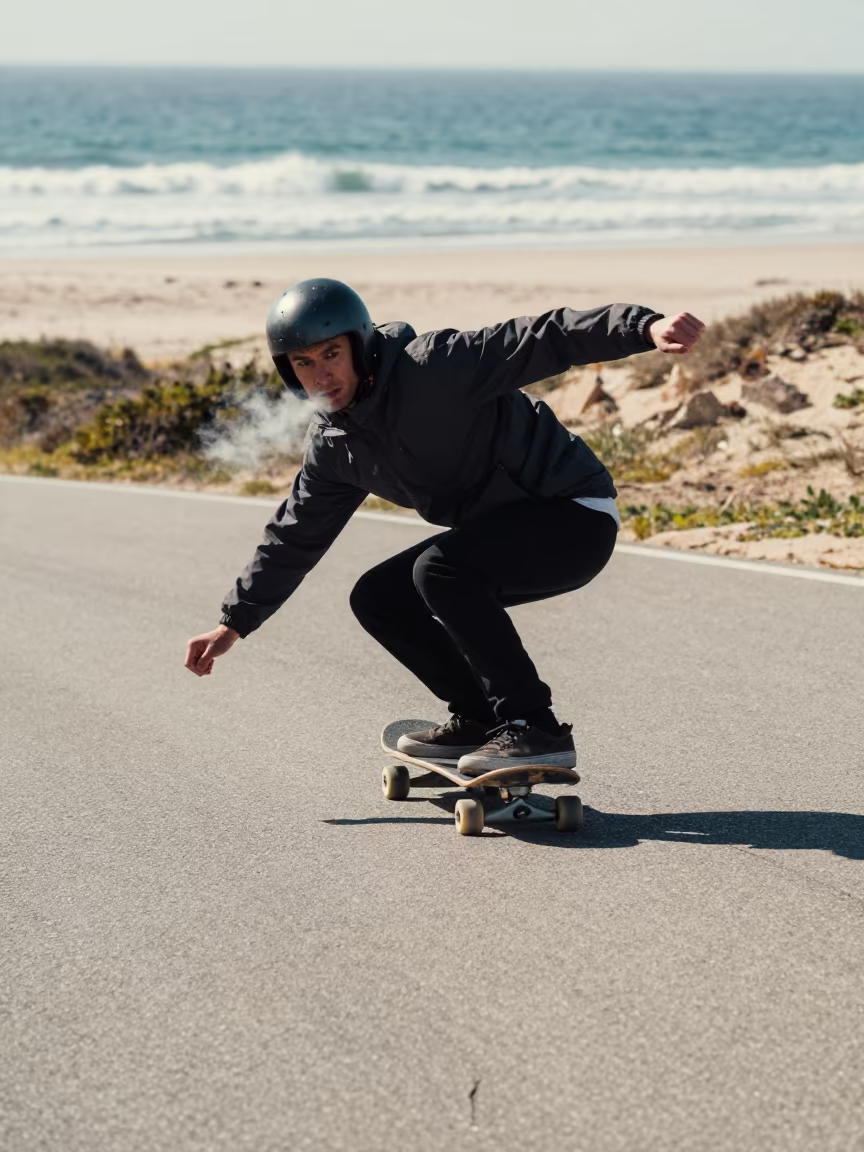 Longboarder Carving Coastal Road Russeifa in along a beach near Russeifa