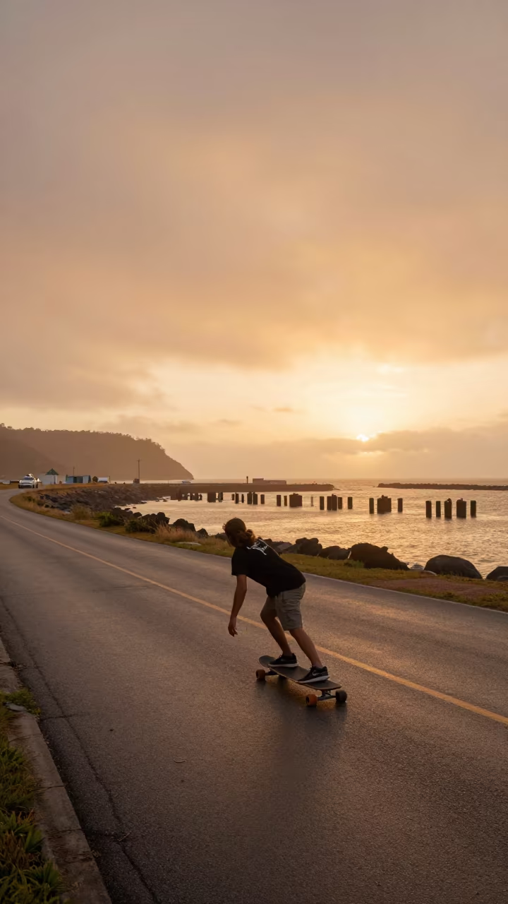 Longboarder Carving Harbor Quay in Amber Light in at a harbor quay near Maracay