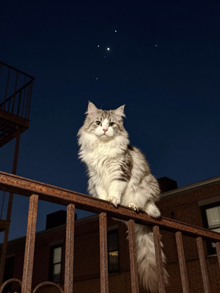 Longhair Cat in New York at The Deepest Night Sky Light in in New York, New York, United States