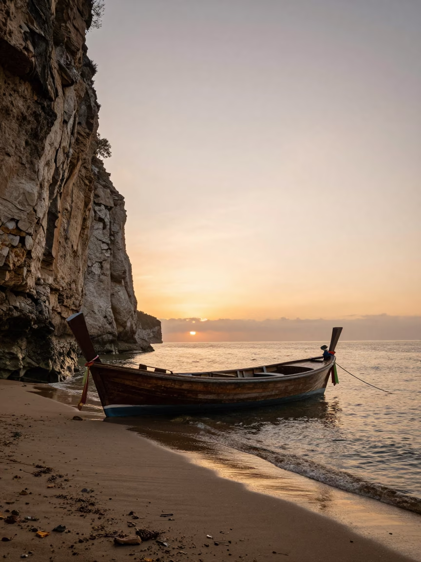 Longtail Boat Moored Near Limestone Cliff in near Fukuoka