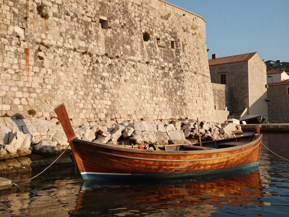 Longtail boat moored near limestone cliffs in Dubrovnik during honeyed evening light in in Dubrovnik, Croatia