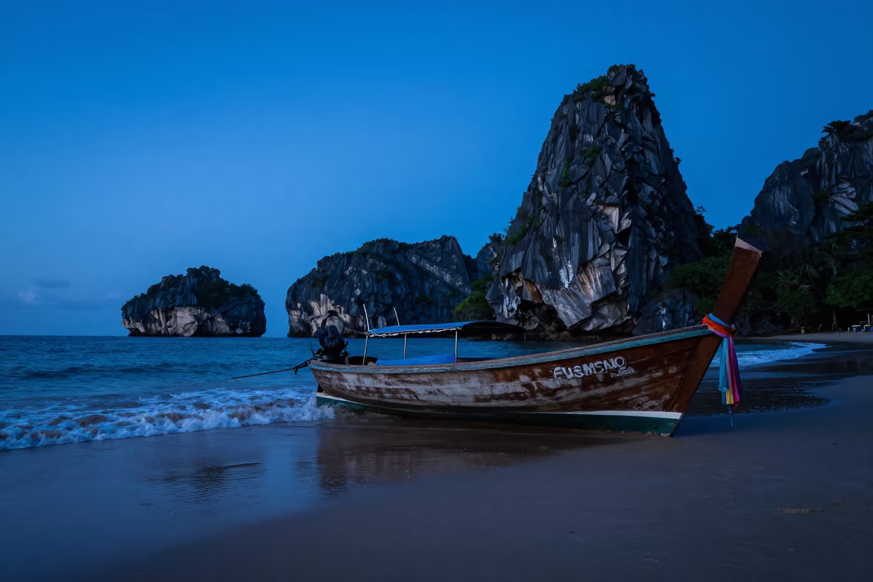 Longtail Boat on Salvador Beach at Indigo Twilight in near Salvador