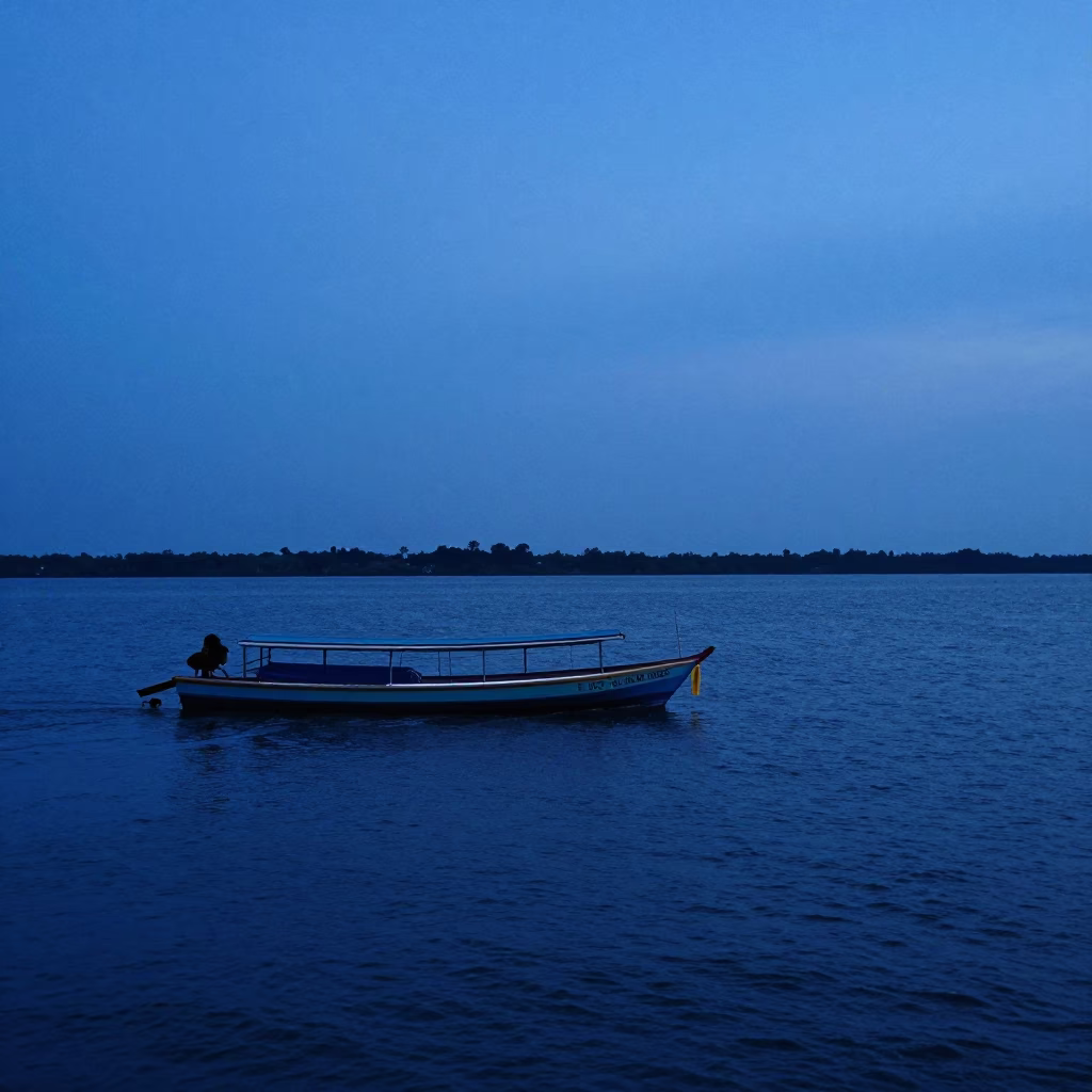 Longtail Boats at The Last Blue Light Of Evening in Phnom Penh in in Phnom Penh, Cambodia