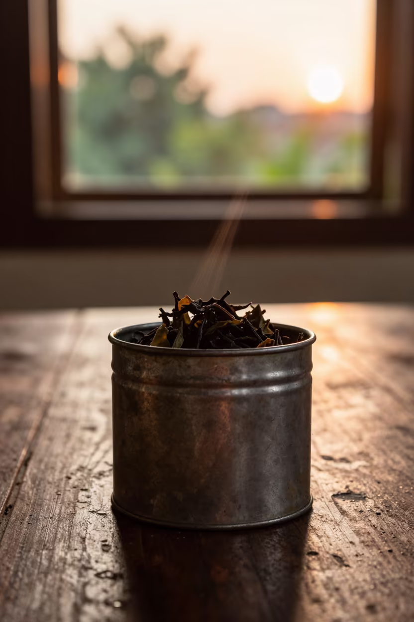 Loose Leaf Tea Tin on Dusty Chiang Mai Table in on a dusty library table in Chiang Mai