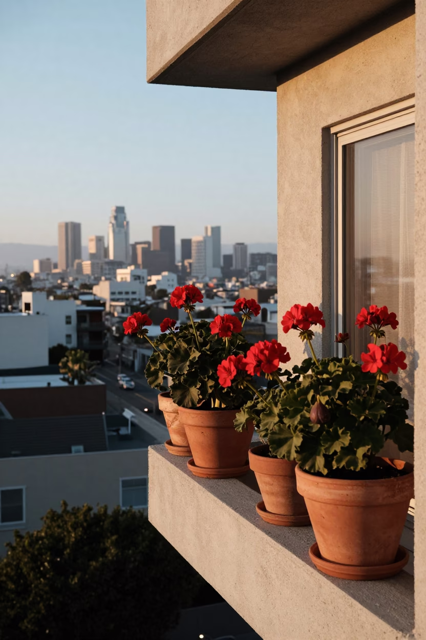 Los Angeles Apartment Balcony at Dawn with Geraniums and Figs in in Los Angeles, California, United States
