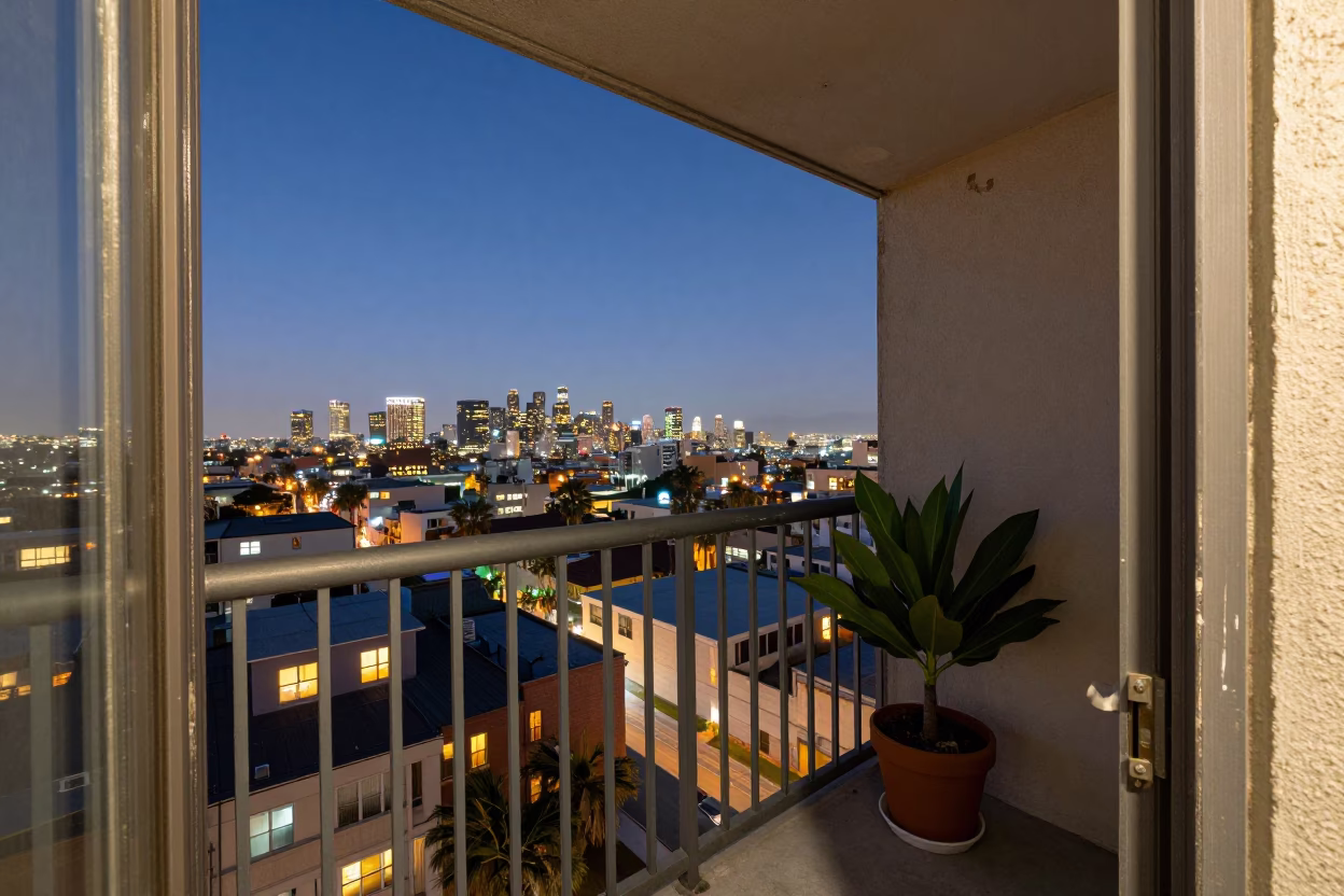 Los Angeles Apartment Balcony at Dusk with City Lights and Potted Plants in in Los Angeles, California, United States