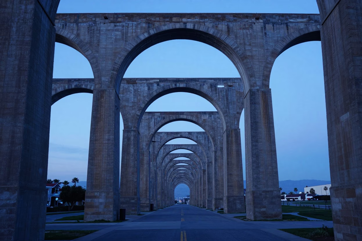 Los Angeles Aqueduct Arch Vanishing Point in Last Blue Light Evening Haze in in Los Angeles, California, United States