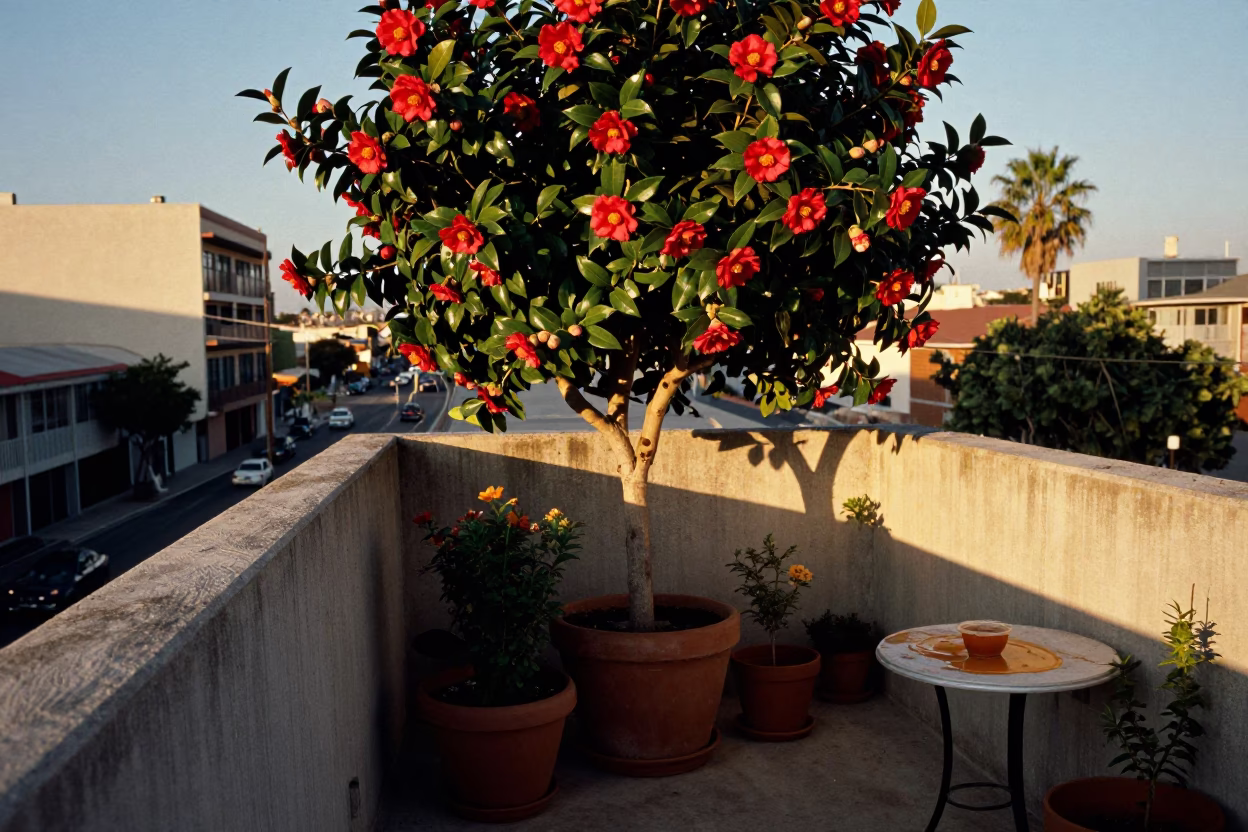 Los Angeles Balcony Evening Honey Dripping Dipper Camellia Blooms Urban Life in in Los Angeles, California, United States