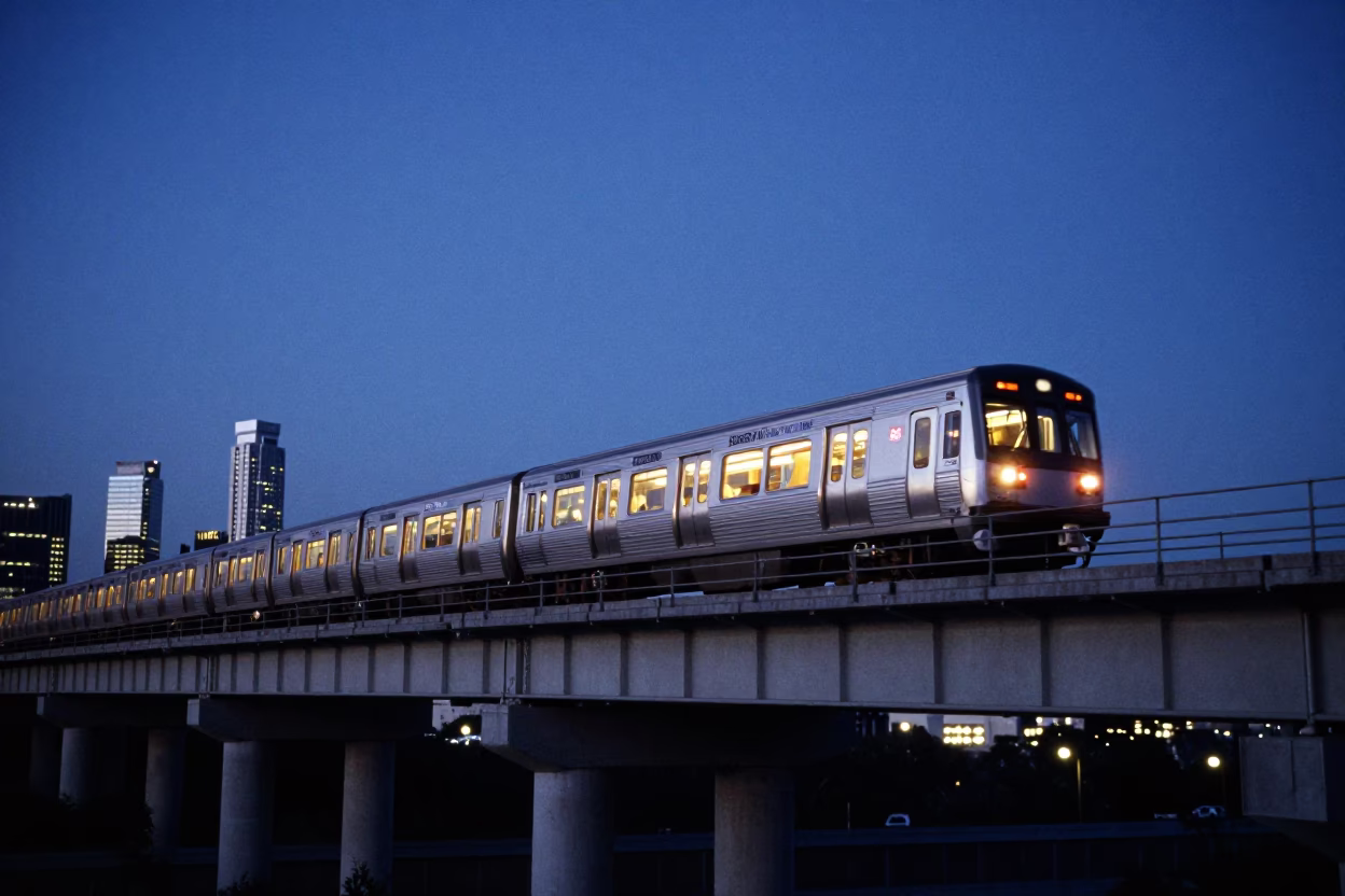 Los Angeles Blue Hour Commuter Train Crossing Bridge with City Lights in in Los Angeles, California, United States